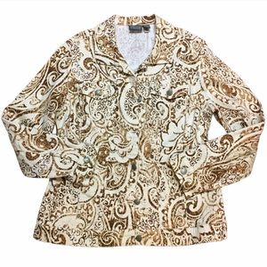 Chico’s Additions Hand-painted Paisley Denim Jacket, Browns/Cream Sz 12 / L, EUC